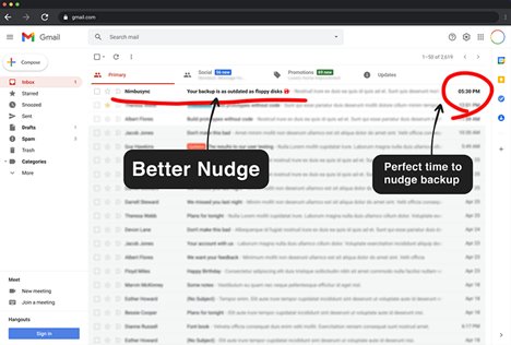 Gmail inbox showing 'Better Nudge' and 'Perfect time to nudge backup' annotations — Your backup is as outdated as floppy disks email highlighted at top