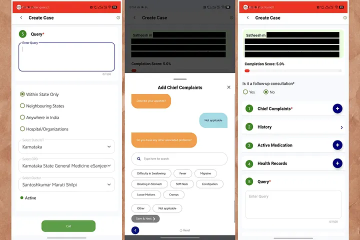 eSanjeevani error banners — query error and not found — during the intake form