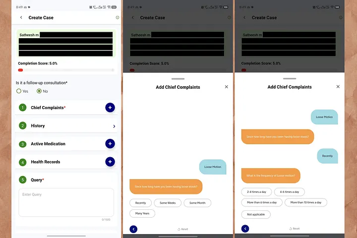 eSanjeevani chief complaints screens asking duration and frequency of loose motion