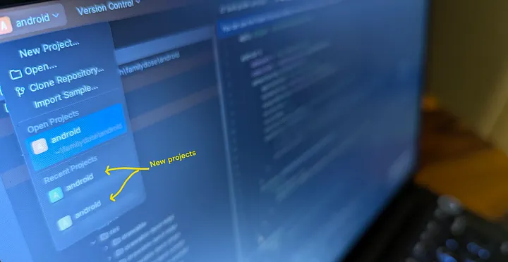 Android Studio project menu showing the FamilyDose builds under recent projects