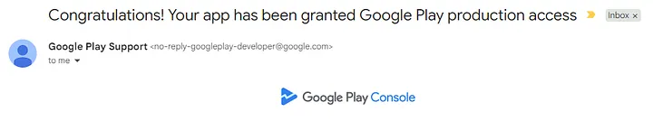 Email from Google Play granting the app production access
