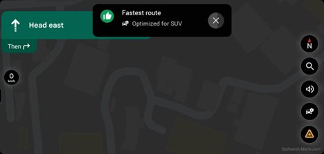 Android Auto showing 'Fastest route — Optimized for SUV' confirmation chip