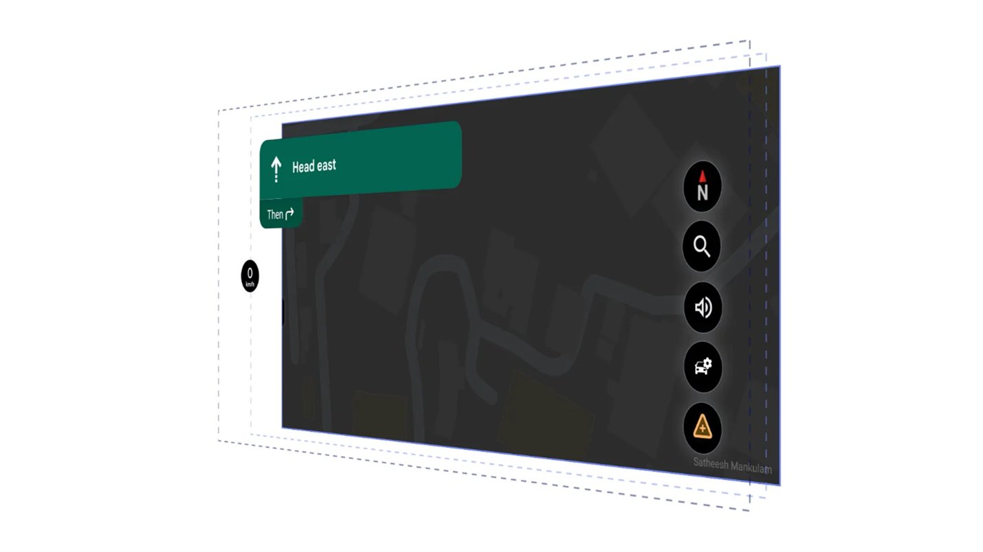 Android Auto navigation screen with vehicle settings icon on the right panel
