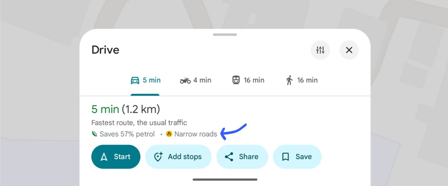 Google Maps showing Narrow roads warning in the Drive panel