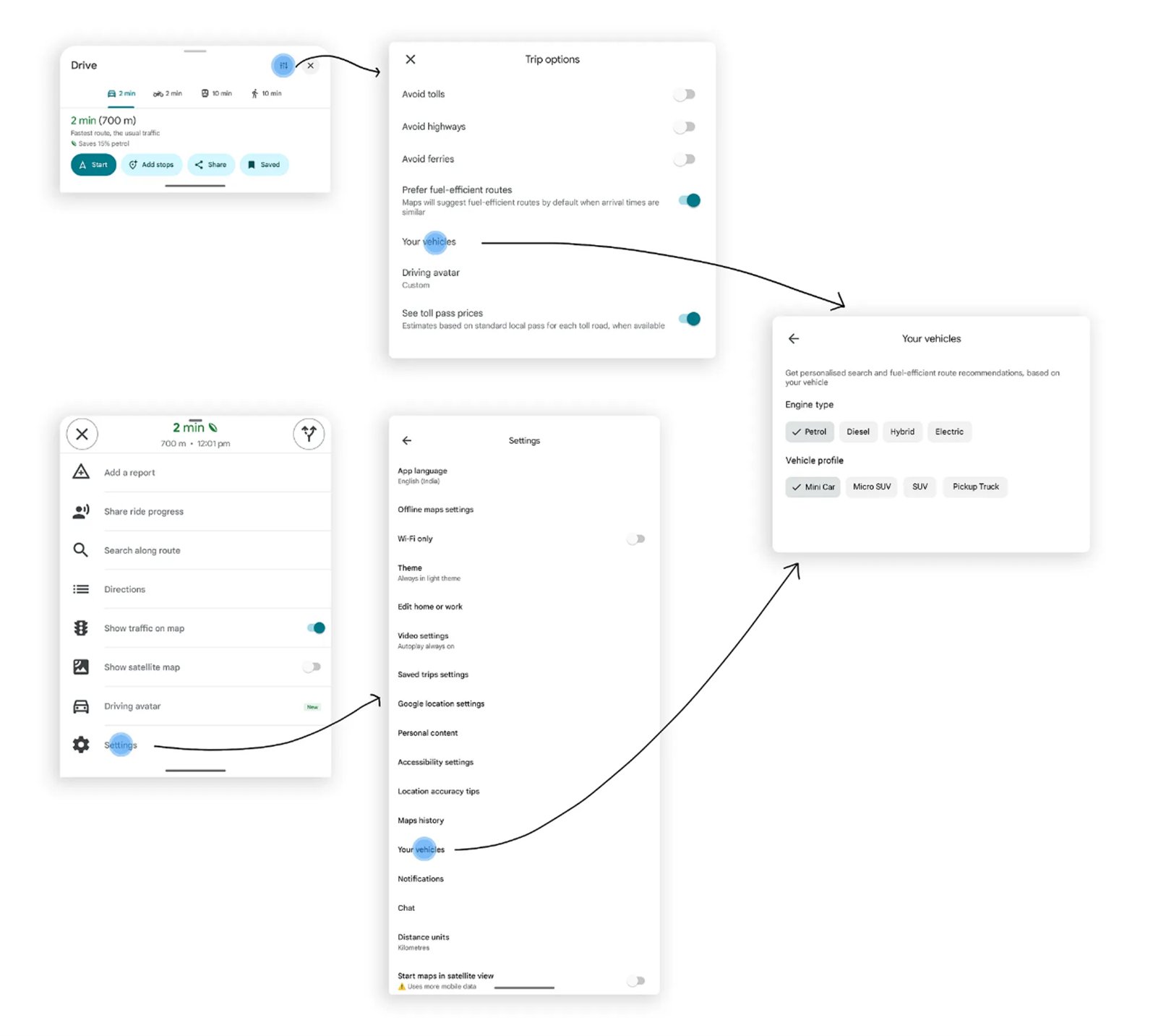 Google Maps Your vehicles settings flow — Drive → Trip options → Your vehicles and Drive → Settings → Your vehicles