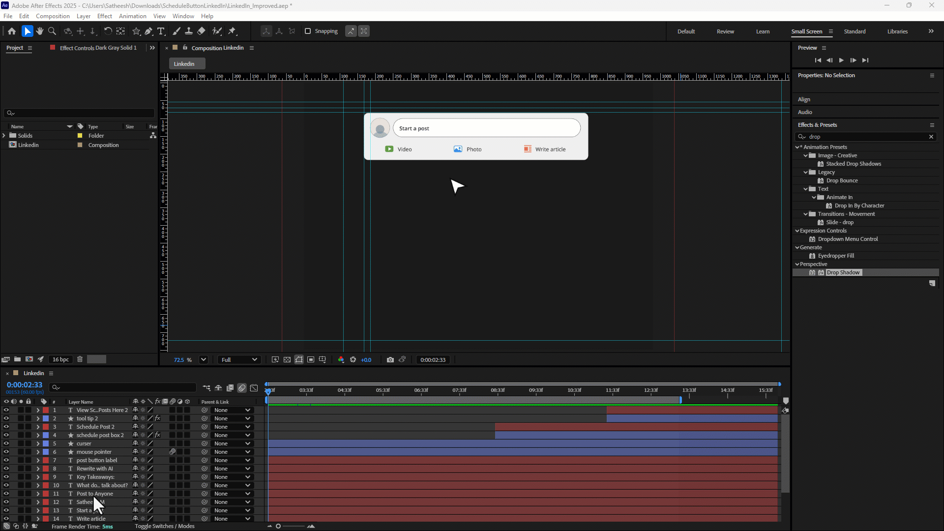 Final result — LinkedIn post bar with improved scheduling flow animation created in After Effects