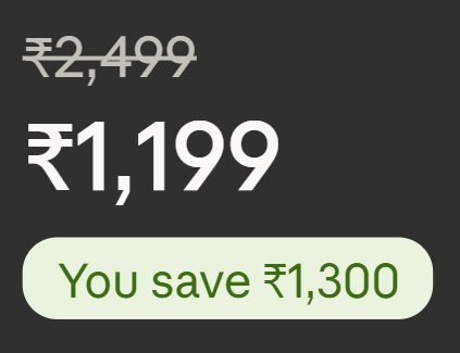 Example of correct discount display: ₹2,499 crossed out, ₹1,199, You save ₹1,300