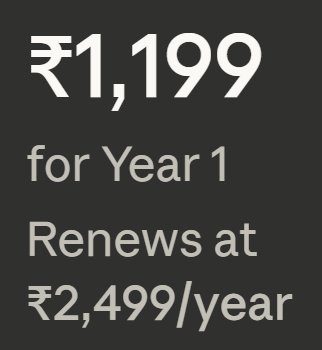 ₹1,199 for Year 1, Renews at ₹2,499/year — the actual pricing structure