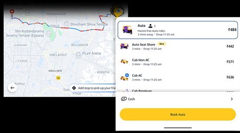 Rapido app showing vehicle selection with Auto (₹484) and Cash payment mode at the bottom