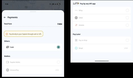 Rapido Payments screen showing Pay directly through cash or UPI, with Cash selected but all wallet options (Rapido Wallet, AmazonPay) and UPI apps (GPay, CRED, Khibile, Pay at drop, Simpl) greyed out and disabled