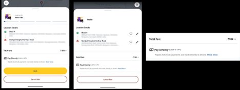 Improved Rapido screens — Auto booking with Pay Directly (cash or UPI) shown cleanly, simplified payment flow with Total fare ₹104