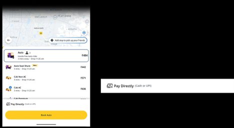 Final improved Rapido screens — vehicle list with Pay Directly label at bottom, and clean payment confirmation UI
