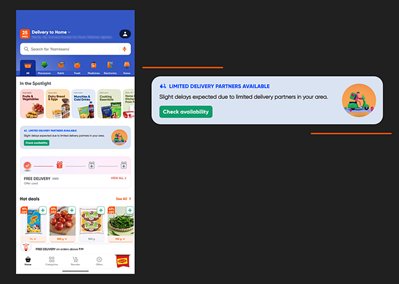 Swiggy home screen with Limited Delivery Partners Available banner — Slight delays expected due to limited delivery partners in your area — Check availability button