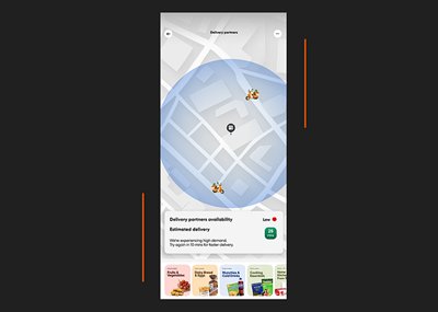 Delivery partners availability screen showing a map with delivery partner icons, Low availability badge, and Estimated delivery message: We're experiencing high demand. Try again in 10 mins for faster delivery
