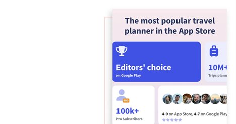 Wanderlog opening screen showing Editors' choice, 10M+ trips, 100k+ Pro subscribers, 4.9 rating