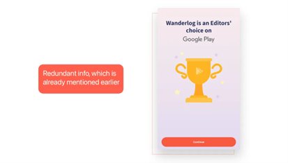 Wanderlog is an Editors' choice on Google Play — shown again, with annotation: Redundant info, which is already mentioned earlier