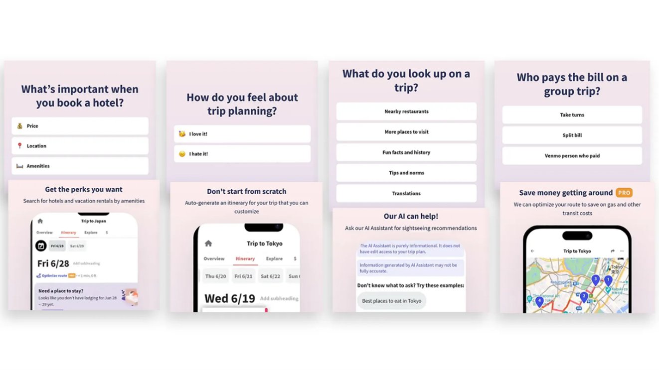Four screens: What's important when you book a hotel? / How do you feel about trip planning? / What do you look up on a trip? / Who pays the bill on a group trip?