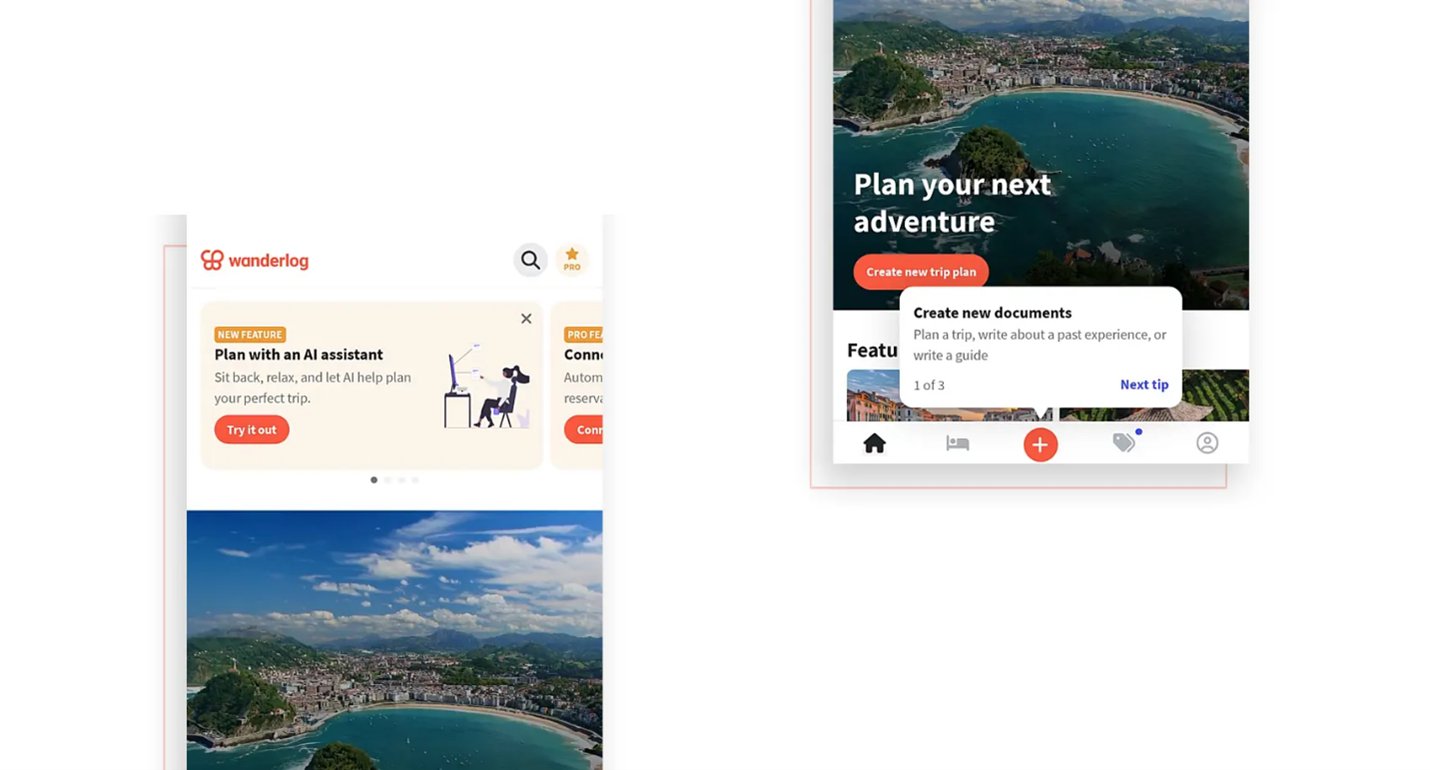 Wanderlog dashboard with Plan with AI assistant banner + Create new documents tooltip