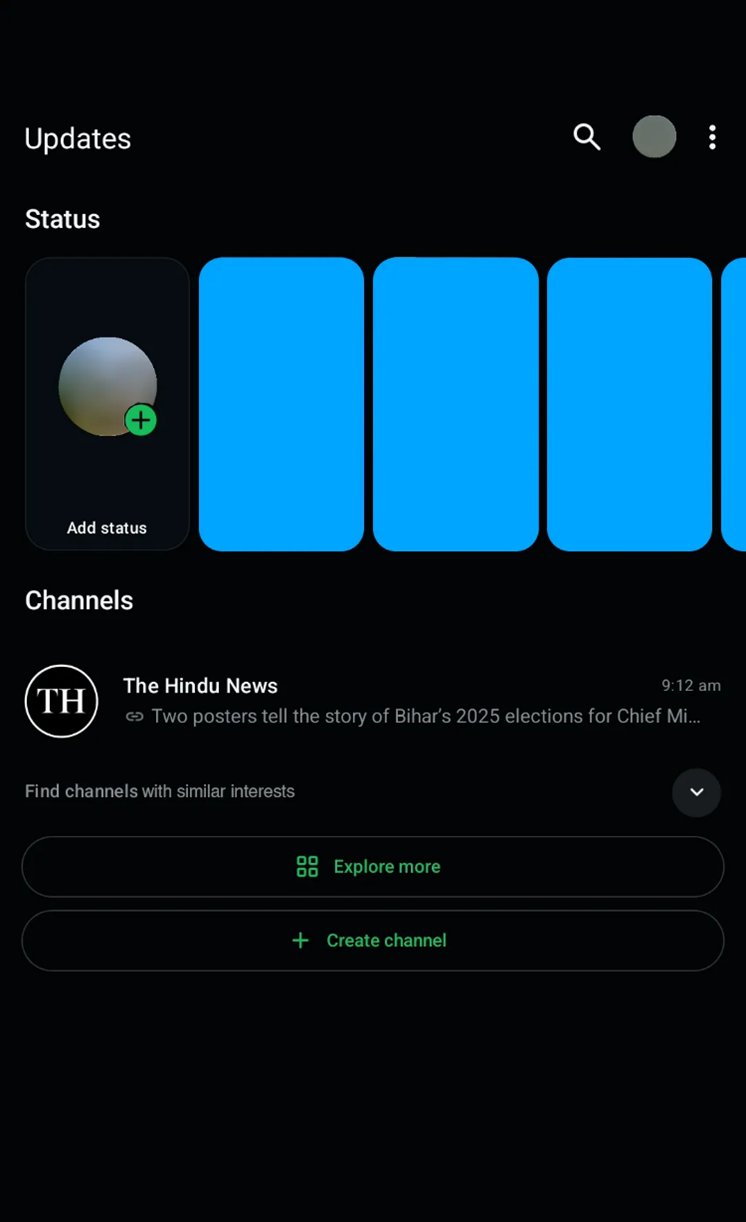 WhatsApp Updates tab showing The Hindu News followed, with Find channels with similar interests caret to expand/collapse, Explore more and Create channel buttons