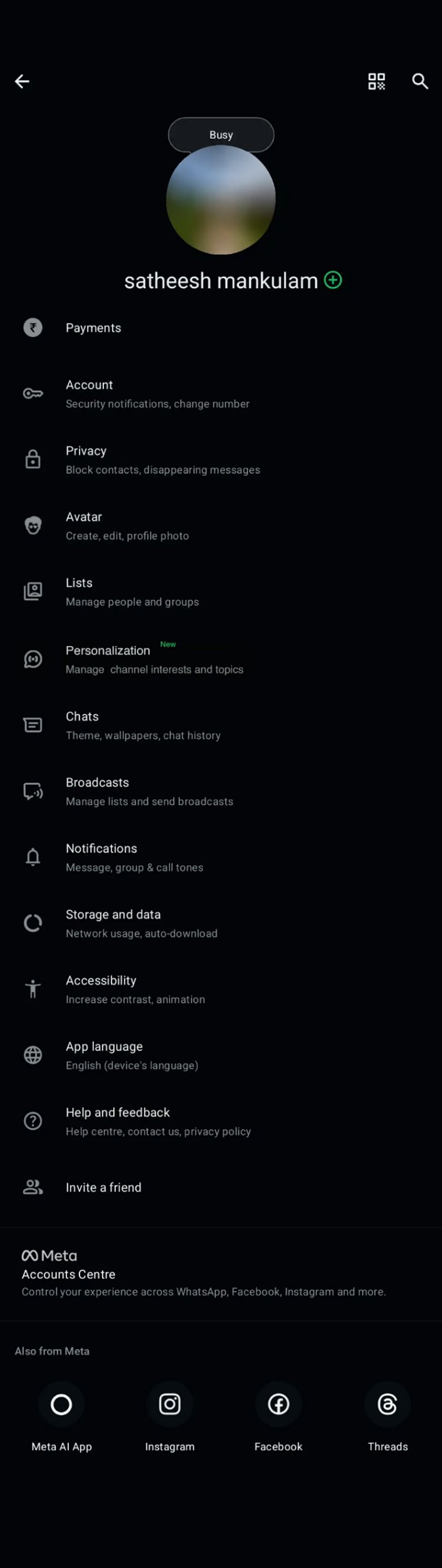 WhatsApp Settings screen with Personalization (New) option — Manage channel interests and topics