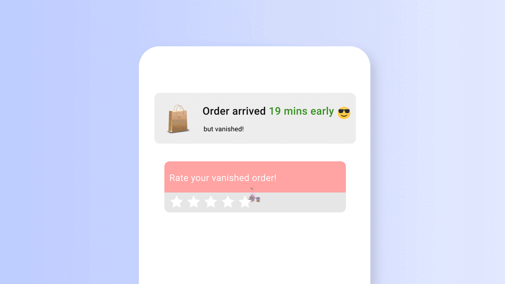 Order marked arrived early, then a prompt to rate the order that never came